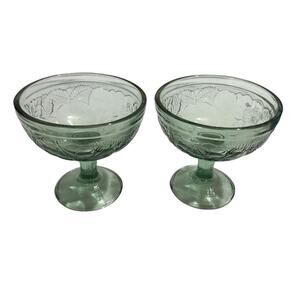 2 Vintage French Fruit Pattern Pressed Green Glass Dessert Sherbet Bowls/Cups